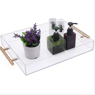 China Single Sided Metal Handle Acrylic Storage Tray Hotel Transparent Acrylic Tray for sale