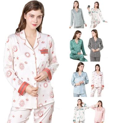 China Spandex QUICK DRY PAJAMAS Pijamas Satin Beauty Pajamas New Product Lady Long Sleeve Painted Posie Pajamas For Women Set for sale