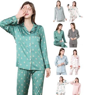 China New Product QUICK DRY Sleepwear Lady Spandex Pajamas Chic Silk Turn-Down Collar Painted Posie Nightgown for sale