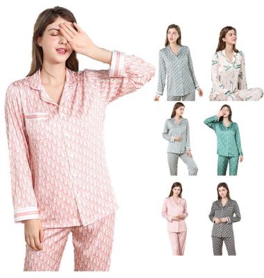 China Hot Selling QUICK DRY Lady PAJAMAS Beauty Satin Loungewear Spandex Night Wear Long Sleeve Painted Posie Satin Pajamas for sale