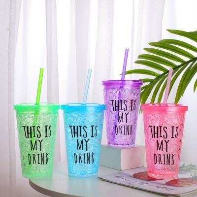 China Sustainable Plastic Water Bottle Summer Color Candy Double Layer With Straw Mug 450ml Slide Lid Refrigerated Crushed Ice Cup for sale