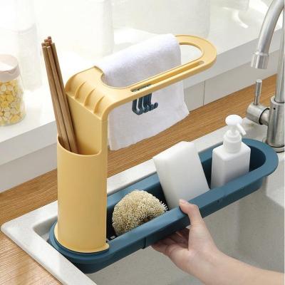 China Telescopic Kitchen Racks Drain Storage Rack Sink Drain Rack Telescopic Sink Can Hang Dish Cloth Shelf for sale