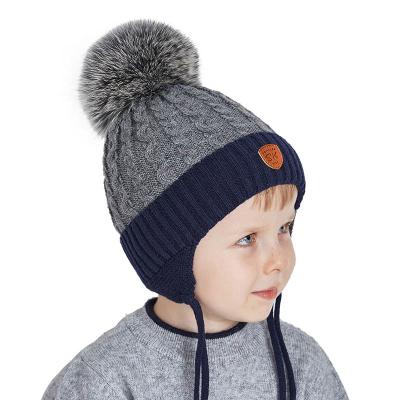 China Regular Stock Toddler Kids Boys Winter Warm Earflap Hats With Fur Pompom Fleece Striping Kids Beanie Hat Boys Knitted RTS for sale