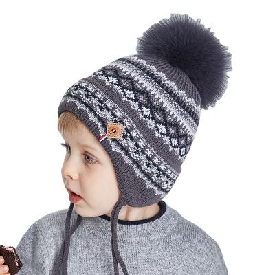 China Factory Wholesale COMMON Winter Kids Boy Woolen Knitted Hats Warm Fleece Striping Colorful Toddler Beanie With Natural Fur Pompom for sale