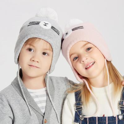 China COMMON Unisex Baby Toddler Winter Knit Hats With Fur Pom Pom Kids Boys Girls Warm Fleece Striping Beanie Custom Ear Flap Ski Hat RTS for sale