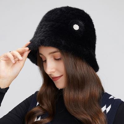 China COMMON Winter Mink Fur Bucket Hats handmade knitted for women real flower fur hats real decoration hand knitting hats for sale