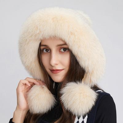 China COMMON Winter Knitted Bomber Hats For Women Warm Fox Fur Ear Flap Beanies With Pompom Double Layer Thick Hat Wholesale for sale