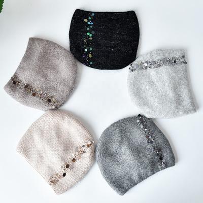 China JOINT Wholesale Custom Women's Winter Knitted Hats Fashion Sequin Decoration Double Layer Angola Rabbit Fur Beanies for sale