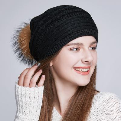 China COMMON Wholesale Winter Knitted Skull Hats With Fur Pompom For Women Custom Chunky Baggy Beanie Hat Ski Hat for sale