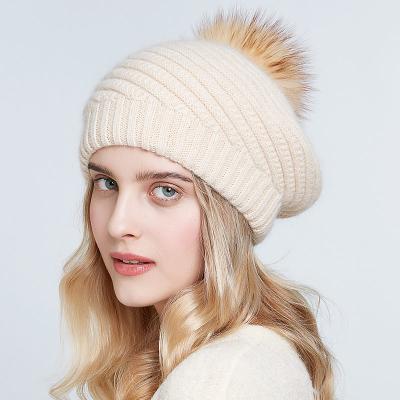 China Plush Factory Knit Beret Hats For Women Winter Angola Wool Beret With Fur Pompom French Style Hats Custom Beret Beanie Wholesale for sale