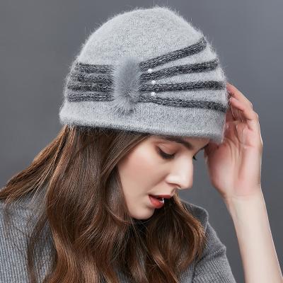 China Wholesale OEM Women Angola Wool Knitted Hats Winter Stripe Warm Beanie With Mink Fur Pom Casual Hat for sale