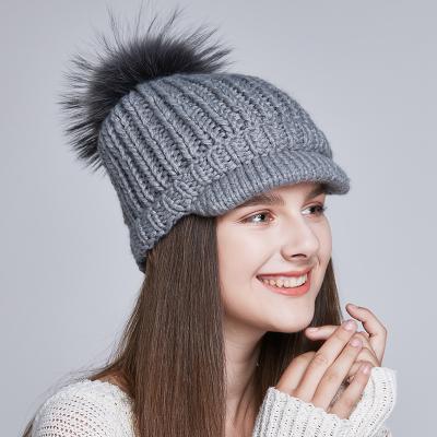 China Factory Striped Winter Knit Visor Hats For Amazon Women Knitted Hat With Fur Pompom Label Custom Women's Ski Skull Hat Wholesale for sale