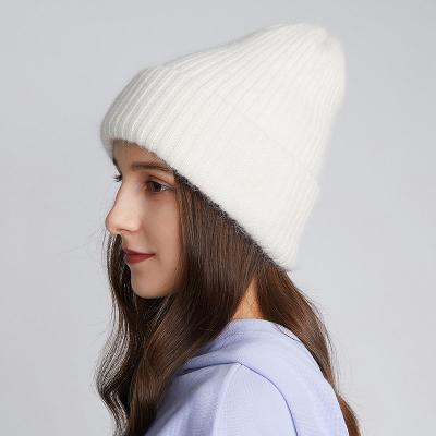 China Fashion Winter Angola COMMON Wool Knitted Hats For Women Custom Wide Cuff Warm Thick Knit Beanie Ski Hat For Outdoor Wholesale for sale