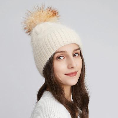 China COMMON Women's Angora Wool Knitted Hats With Fur Pompom Fashion Cuff Beanies Twist Pattern Skull Hat Amazon Style Wholesale for sale