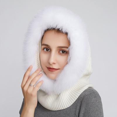 China Winter COMMON Custom Wool Knit Fur Hood Scarf Hat Set For Women Real Fox Fur Neck-Warmer Scarves Outdoor Factory for sale