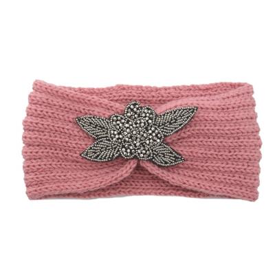 China Fashion High Quality Knitted Women Diamond Inlaid Four Leaf Needle Wool Hand Crochet Knit Winter Headband for sale