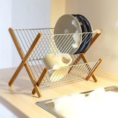 China Cross Style Wooden Plate Display Rack , Bamboo Stainless Steel Dish Drying Rack for sale