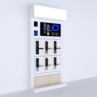 China Mdf Wood Retail Wall Display Shelves 6 Pieces Smart Door Lock Display Stand With LED Lights for sale