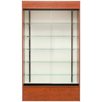 China Tall Retail Wall Display Shelves Glass Fronted Wall Mounted Display Cabinet With LED Light for sale