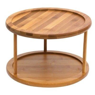 China Bespoke 2 Tier Bamboo Display Unit Turntable Display Stand For Kitchen for sale