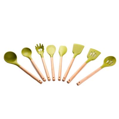 China Sustainable Green Hot Selling Silicone Kitchen Utensils Kitchen Cooking Tool Kits With Wooden Handle for sale