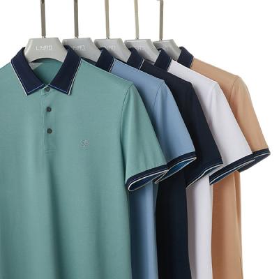 China 100% Cotton Anti-wrinkle Mens Striped Golf Shirt with Embroidery and Turndown Collar for sale