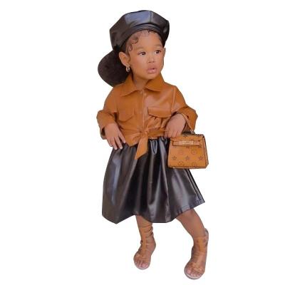 China INS Spring Fashion Kids Coat Skirt Jacket Coat Washable Leather Casual Dress Baby Long Sleeve Solid Color for sale