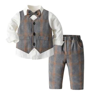 China Preppy style fashion plaid baby boy clothes boys baby design clothes set with bow tie for boys for sale