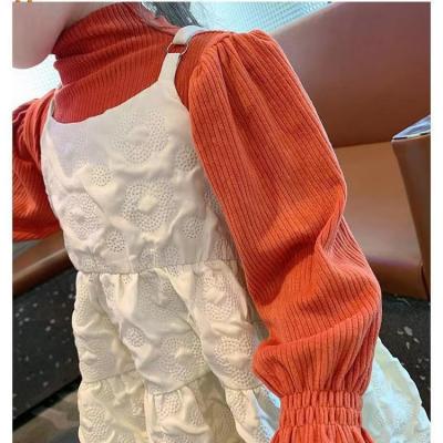 China Autumn Baby Orange And White Breathable Girls Sweater Belt Two Piece Dress for sale