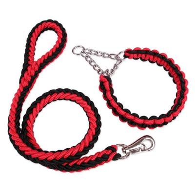 China Viable Wholesale Braided Nylon Braided Mountaineering Rope Dog Training Heavy Duty Leash For Dogs With P Chain Collar for sale