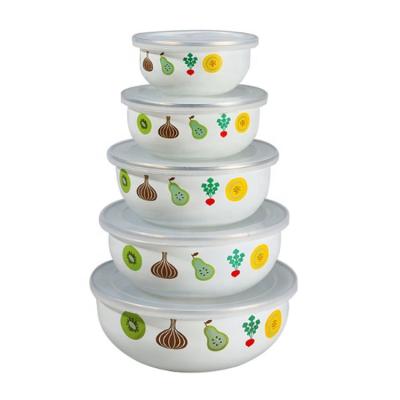 China Sustainable 5pcs Colored Enamel Round Bottom Storage Bowl With Plastic Cover for sale