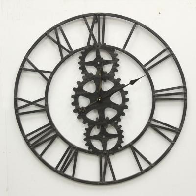 China Antique Style Metal Gear Black Silent Battery Operated Wall Clock, European Industrial Vintage Large Wrought Iron Wall Clock for sale