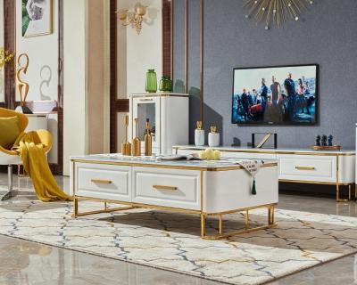 China Eco-friendly Luxury Center Designer Modern Stainless Steel Gold Leg Tempered Glass Top TV Cabinet for sale