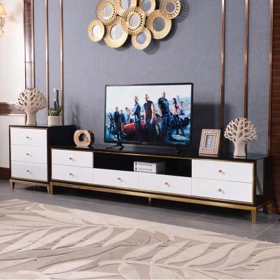 China Eco-friendly Luxury Modern Design Top 201 Gold Color Stainless Steel TV Stand With Coffee Table for sale