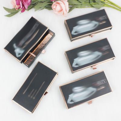 China Delicate luxury seller eyelash packaging empty lasheswholesale B706 black mounted gold stamping drawer lash box for sale