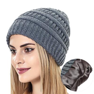 China Streetwear Skullcap Ladies Double Layer Winter Hat Solid Color Knitted Satin Striped Skullcap for sale