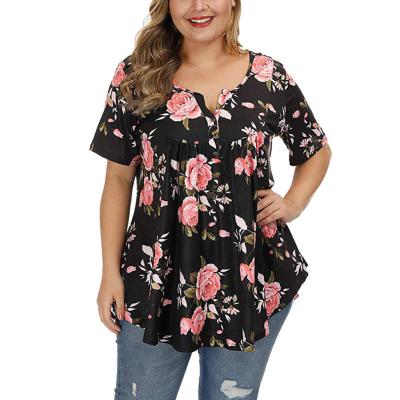 China Hot Sale QUICK DRY Women's Plus Size Blouses Henley V-Neck Floral Button Tops Ruffle Flowy Shorts Sleeve T-Shirt for sale