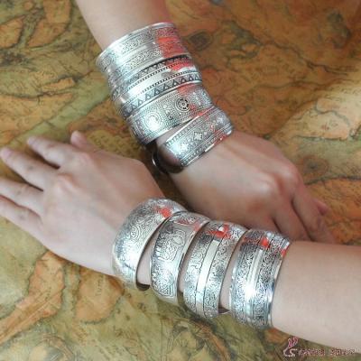 China FASHIONABLE Miao Ethnic Tibetan Cuff Ornaments Minority Vintage Wide Bohemian Cut Out Silver Chunky Bangle Bracelet Charm for sale