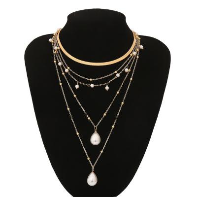 China OT FASHIONABLE creative buckle brand gemstone square mix and match multilayer moon multiple imitation pearl necklace for sale