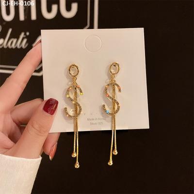 China 925 Letter Full Diamond S Female Superstarer Tassel Dollar Earrings FASHIONABLE Korean Crystal Silver Long Needle Earrings for sale