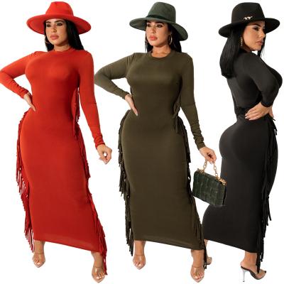 China Hot Selling Breathable Tailored Long Sleeve Crewneck Black Plain Dresses Side Tassel Midi Dresses Long Bodycon Dress Wholesale Women for sale