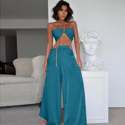 China 2022 QUICK DRY New Sexy Halter Chain Satin Bra And Wide Leg Pants Set Hot Women Streetwear Fashion Satin Wide Leg Pants Two Piece Set for sale