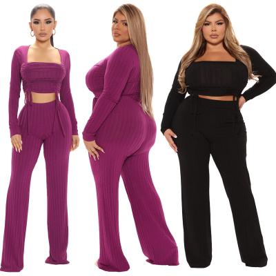 China Breathable New Arrival Plus Size Ladies Wide-Leg Ribbed Pants Set Drawstring Spring Crop Long Sleeve Suits Top Fashion Streetwear for sale