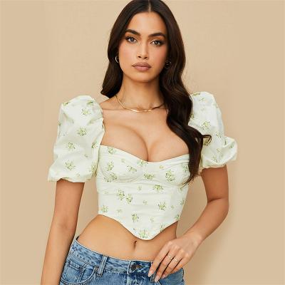 China Latest Design Anti-Wrinkle Sexy White Floral Hot Ladies Cute Tops Blouses Puff Sleeve Bustier Corset Sexy Square Neck Blouses Crop Top for sale