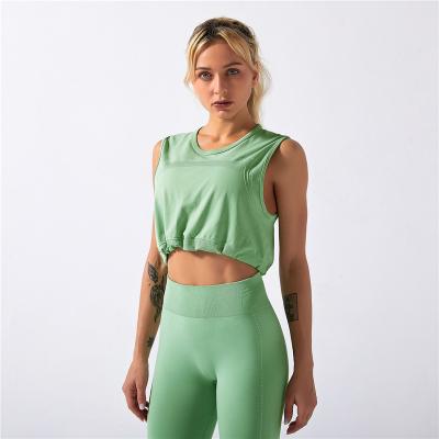 China New Sports Breathable Crop Drawstring Top Women Loose Casual Athlesiure Sleeveless Sportswear Shirts T-Shirt For Yoga Running for sale