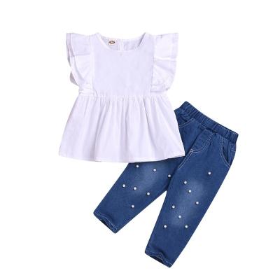 China BB043A Kids Girl Summer Breathable Casual White Top Denim Cotton Shirt Long Pant Dress Sets Baby Clothing Set for sale