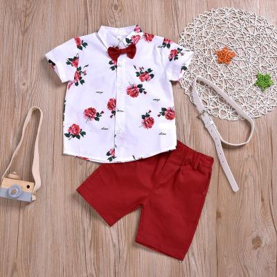 China GX909A Summer Kids Formal Baby Boy Rose Print White Tie Shirt Pant 2pcs Party Wear Short Formal Clothing Set for sale