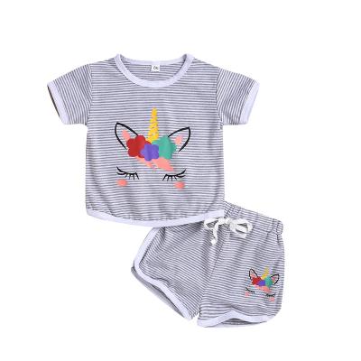 China QXY009A Factory Supply Baby Stripe Breathable Horned Short Sleeve T-shirt Short Panty Clothing Set for sale