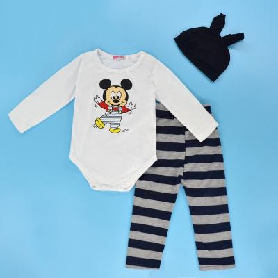 China Soft Baby Clothing Sets GX032B Winter Mickey Print Baby Stripe Romper Baby Clothing Set With Hat for sale