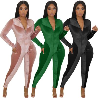 China Fashion Autumn Apparel Viable Contrast Colors Long Sleeve Overalls Front Zipper Skinny Overalls Women Long Sleeve Jumpsuits For Women for sale